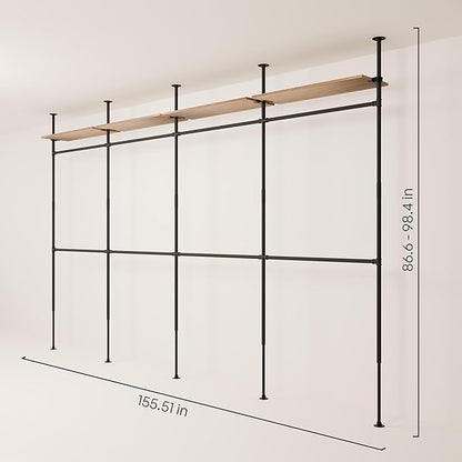 pamo Industrial Pipe Clothing Rack with Shelf - 660 lbs Capacity - Clamping Clothes Rack and Walk In Closet with Oak Shelf for Wardrobe