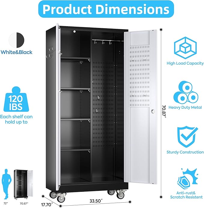Metal Broom Closet Storage Cabinet, Garage Storage Cabinet with Wheels, Pegboard, Lockable Doors, 4 Adjustable Shelves for Garage, Home, Black and White, 71" H x 31.5" W x15.75 D
