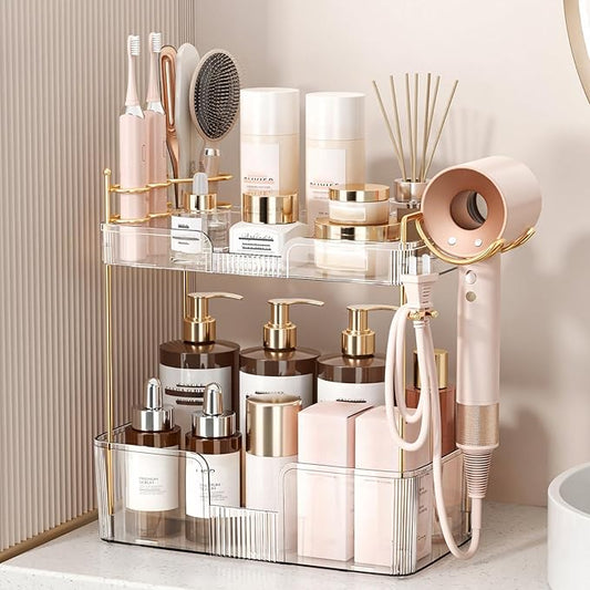 Bathroom Counter Organizer for Vanity, Makeup Organizer Countertop with Holder, Large Capacity Storage Rack, Perfect Large Skincare, Hair Care, Perfume, Easy to Install (Clear, 2Tiers)