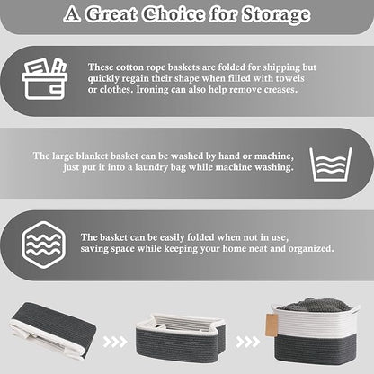 Goodpick Woven Storage Basket for Shelves, Baskets for Organizing, Cotton Rope Baskets with Handles, Rectangle Basket for Baby Toy Storage, 13 x 10 x 9 Inches, White & Dark Gray