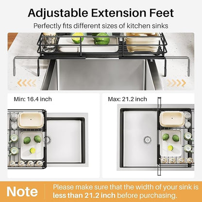 Dish Drying Rack, Extendable Dish Rack, Large Sink Drying Dish Drainer for Kitchen Counter, Carbon Steel Dish Strainer with Utensil Holder,Black