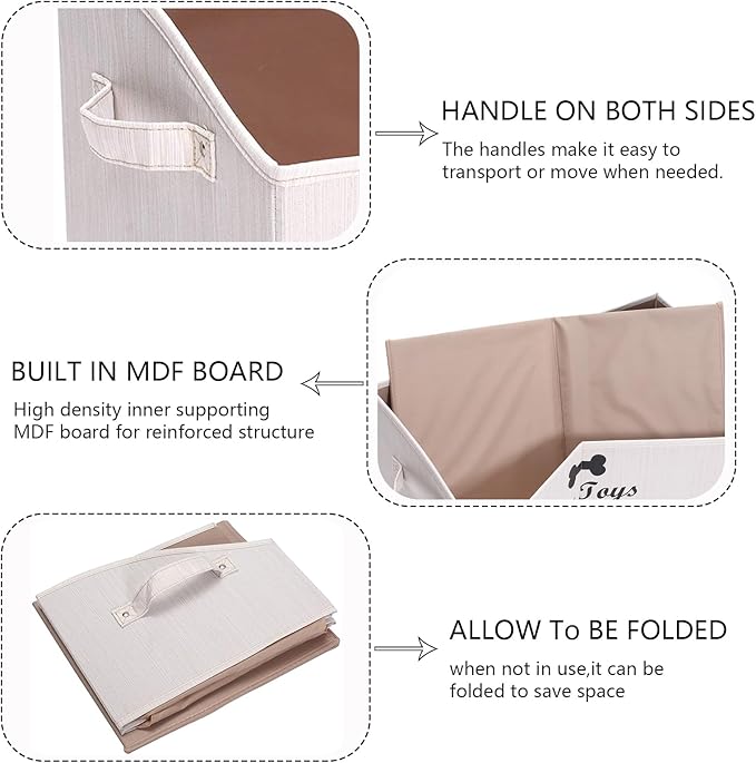 Geyecete 2 Pack Large dog toy bin dog toy box storage box - Foldable Fabric Trapezoid Organizer Boxes with Handle for Dog Toys (Beige-DOG)