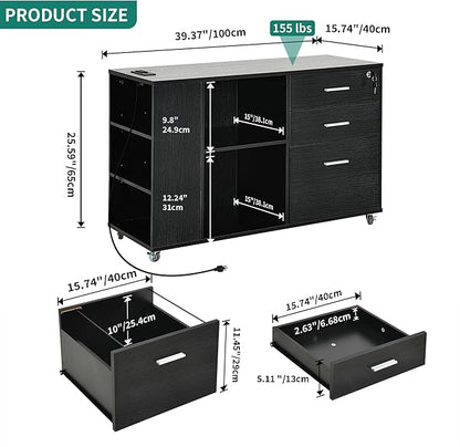 YITAHOME File Cabinet with Charging Station, Mobile Lateral Filing Cabinet with Lock for Home Office, Printer Stand with Open Storage Shelf, Fits A4, Letter, Legal Size Files, Office Furniture, Black