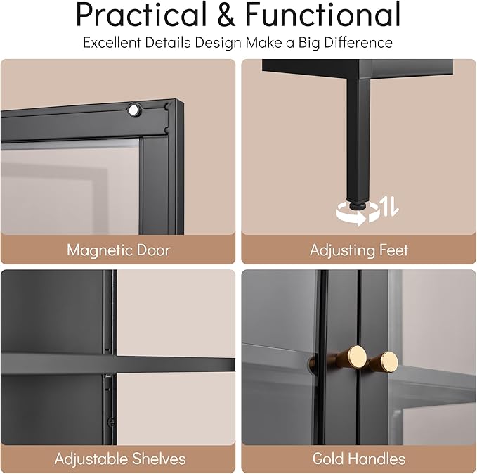 Display Cabinet with 3 Side Tempered Glass, 66" Tall Curio Cabinet with Glass Doors, Black Display Case for Collectibles, Metal Storage Cabinet & Bookcase for Living Room, Assemble Required