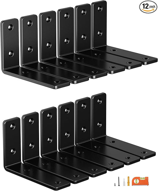 12-Pack 6 Inch Heavy Duty Shelf Brackets, Premium Floating L Bracket for Wall, Kitchen, Mantel Shelves Support | Quarter Inch (1/4") Thick | Black Powder Coated Steel