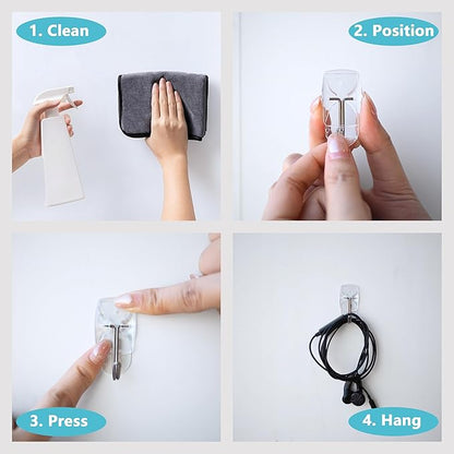 60 Small Hooks+80 Removable Strips, Clear Wire Hanger Hooks, Damage-Free Utility Hooks, Heavy Duty with Adhesive Strips, No Tools Wall Hook for Hanging, Value Pack
