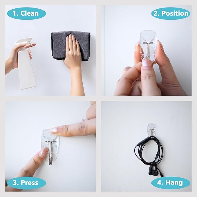 15 Small Hooks+30 Removable Strips, Clear Wire Hanger Hooks, Damage-Free Utility Hooks, Heavy Duty with Adhesive Strips, No Tools Wall Hook for Hanging, Value Pack