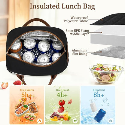 CAMTOP Lunch Box for Women Men Insulated Lunch Bag Lunch Tote Bag Leakproof Thermal Cooler Large Capacity for Travel Work School Picnic (Black White Brown)