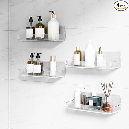 4 Pack Acrylic Bathroom Shelves, Clear Adhesive Stick on Shelf with 8 Pack Adhesive
