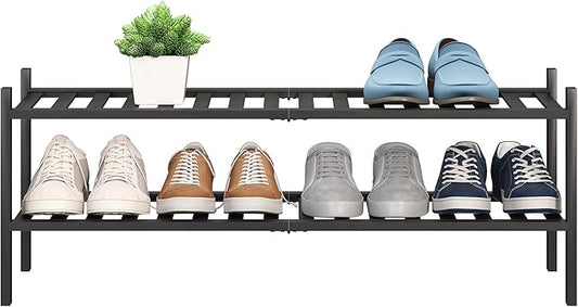 BMOSU 2-Tier Bamboo Extended Shoe Rack Premium Stackable Shoe Shelf Storage Organizer for Hallway Closet Living Room Entryway Organizer (Black Bamboo)