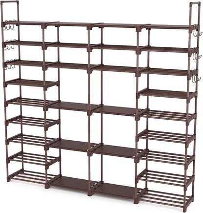 ROJASOP Large Shoe Rack Organizer for Entryway Closet 64-68 Pairs 9-Tier Heavy Duty Tall Garage Shoe Rack Shoe Shelf Shoes Storage with 18 Pcs Removable Side Hooks for Bedroom and Garage Brown
