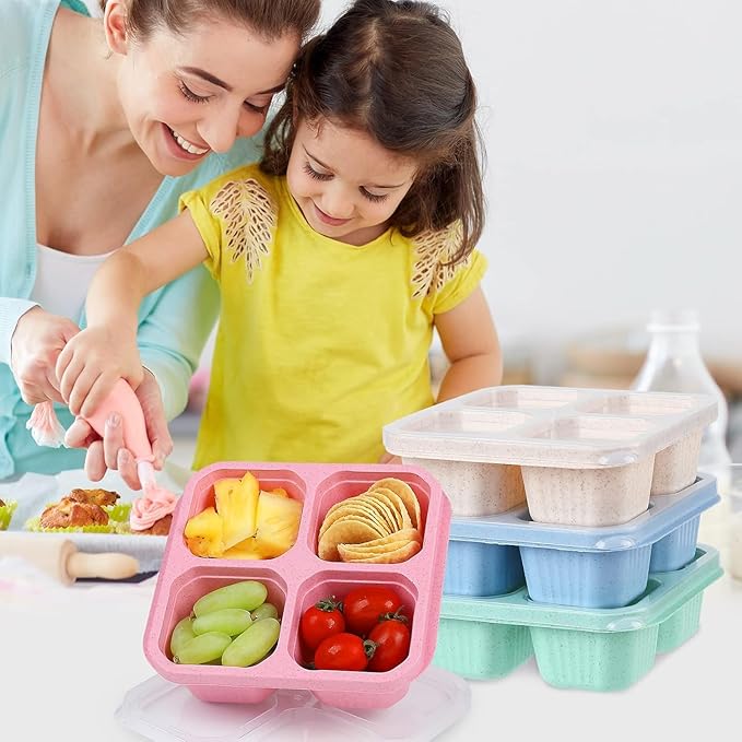Bento Box Adult Lunch Box 4 Pack Lunch Containers 4-Compartment Reusable Food Storage Snack Containers Dishwasher Safe Stackable for Work & Travel