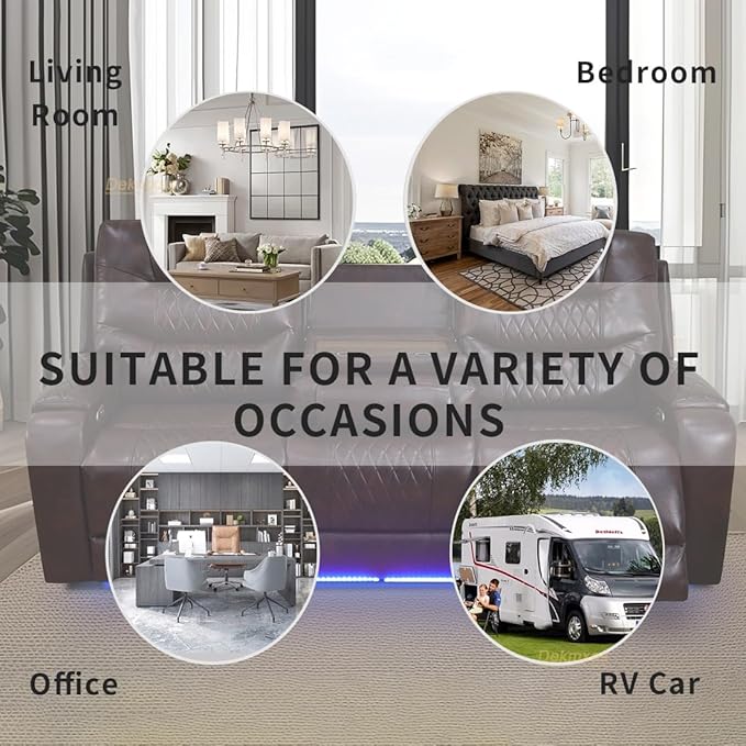 Living Room Furniture Sets, Power Reclining Sofa Couches with LED Light, Brown Breathing Leather Recliner Power Sofa with Drop-Down Table/Cup Holder/USB Port for Living Room, Office, Rv Car