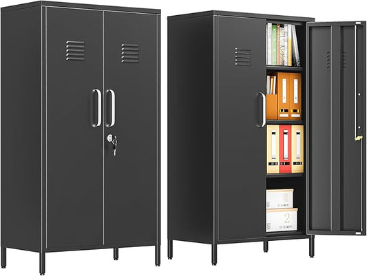 47.24" Metal Storage Locker with Lockable, Employees Metal Steel Locker with 2 Door ＆ 3 Adjustable Shelves, Small Locker Storage Cabinets for Home, School, Office, Gym (Black)