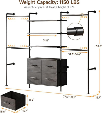 T3 Closet System with Stepless Dimmable LED Light, Industrial Pipe Clothing Rack with 4 Drawers, 6 Wooden Shelves & 4 Telescopic Rods, Heavy Duty Closet Organizers in Wardrobe Closet (Black Gray Oak)