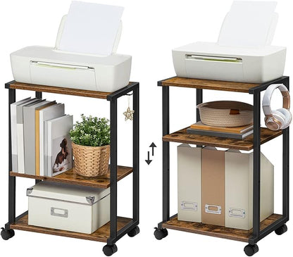 HOOBRO Mobile Printer Stand, 3-Tier Printer Cart Under Desk with Storage, Industrial Adjustable Rolling Cart, Sturdy Little Table on Wheels for Home Office BF28PS01