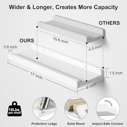 Love-KANKEI Floating Shelves Wall Mounted Set of 2, 17 Inch Rustic Wood Wall Shelves for Storage, Bedroom Living Room Bathroom Kitchen Office and More White