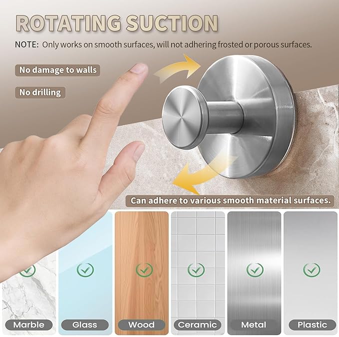 2026 Upgraded Drill-Free Suction Cup Hooks, Stainless Steel Suction Cup Hooks for Shower, Mirror, Wall, Bathroom, Glass, Hanging Towels - 4 Pack, Brushed Silver