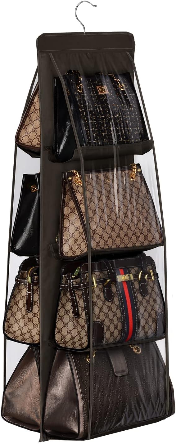Lirex Handbag Hanging Purse Organizer for Closet, 8 Pocket Handbag Storage Organizer Hanger Oxford Cloth Closet Organizer for Family Closet Bedroom, Foldable and Universal Fit, Dark Brown
