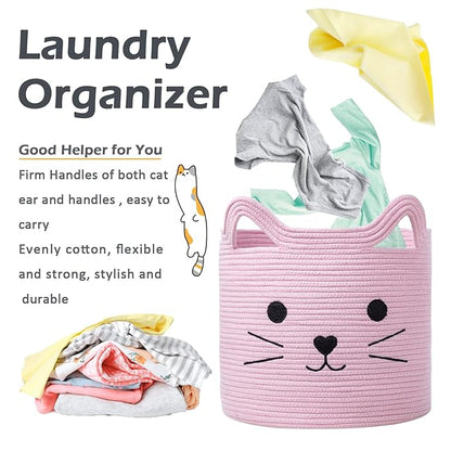 VK VK·LIVING Cat Toy Basket Cute Cotton Rope Animal Storage Pink Laundry Baskets for Toys, Clothes,Gifts,Towels, Blankets, Pet Bed Pink Laundry Hamper for Organizing 15''x14''