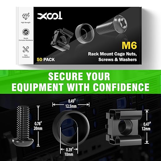 50 PACK M6 x 16mm Rack Mount Cage Nuts, Screws and Washers for Rack Mount Server Cabinet, Rack Mount Server Shelves, Routers, Rack Mount Screws and Square Insert Nuts, Self-Locking Cable Ties for Free