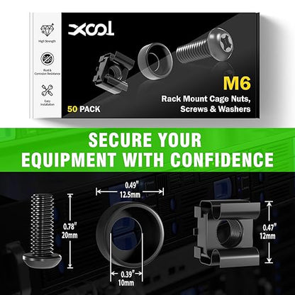 50 PACK M6 x 16mm Rack Mount Cage Nuts, Screws and Washers for Rack Mount Server Cabinet, Rack Mount Server Shelves, Routers, Rack Mount Screws and Square Insert Nuts, Self-Locking Cable Ties for Free