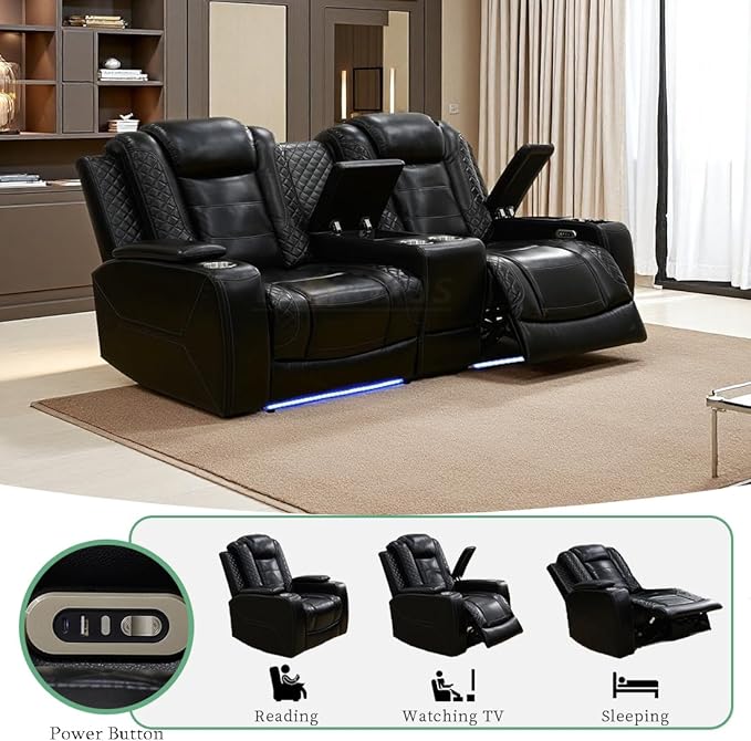 Power Reclining Loveseat Set, Breathing Leather Power Recliner Living Room Furniture Sets Recliner Living Room Furniture Sofa Loveseat with Cup Holder/LED Light/USB Port for Office