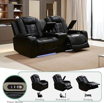 Power Reclining Loveseat Set, Breathing Leather Power Recliner Living Room Furniture Sets Recliner Living Room Furniture Sofa Loveseat with Cup Holder/LED Light/USB Port for Office