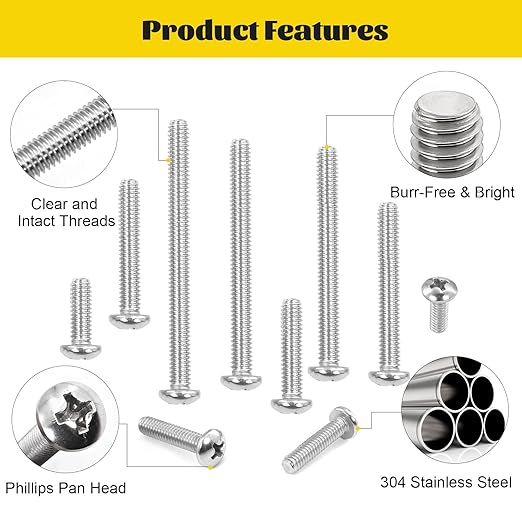 115PCS #8-32 Machine Screws, #8-32 x 1/2", 3/4", 1",1-1/4", 1-1/2", 1-5/8", 1-3/4", 2" Phillips Pan Head Screws Bolts Assortment Kit, 304 Stainless Steel Bolt for Electrical Wall Plate Switch