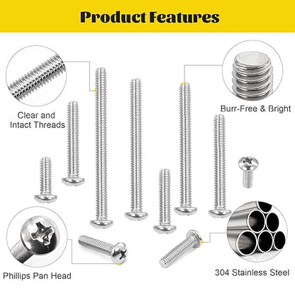 115PCS #8-32 Machine Screws, #8-32 x 1/2", 3/4", 1",1-1/4", 1-1/2", 1-5/8", 1-3/4", 2" Phillips Pan Head Screws Bolts Assortment Kit, 304 Stainless Steel Bolt for Electrical Wall Plate Switch