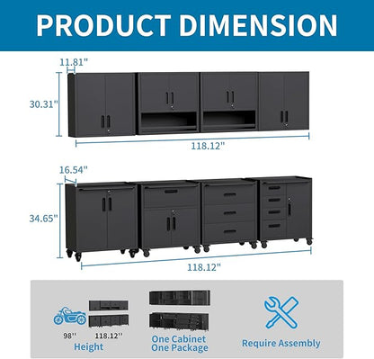 Black Garage Storage Cabinets System 8PCS Workshop Set with Drawers Locking Heavy Duty Rolling Cart with Adjustable Shelves Garage Tool Workbench Cabinets