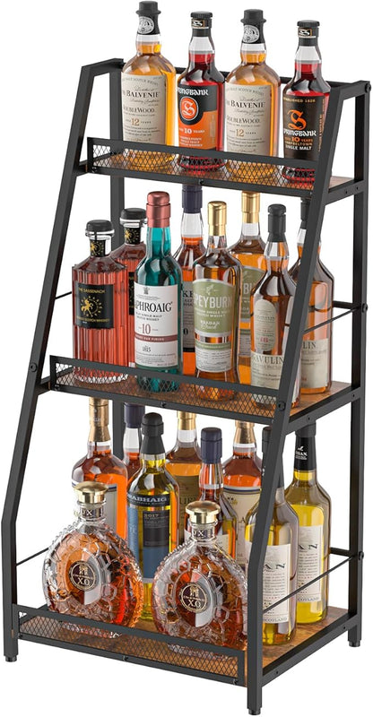 3-Tier Liquor Stand for Home Bar, Stepped Wine Rack Freestanding Floor for Liquor Whiskey Wine, Versatile Corner Wine Bottle Display Stand with Fences, Vintage Brown, Safe Height for Kids & Pets
