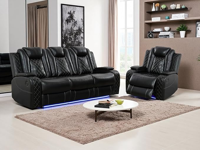 2 Pieces Living Room Furniture Sets, Power Recliner Sofa Set, Black Leather Power Reclining Sectional Sofa Couch Set with 3 Recliner Seats with Storage Console/Cup Holders for Home Theater/RV