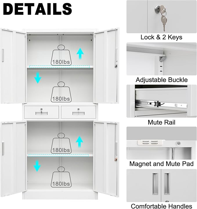 CMY Metal Storage Cabinet, 71" H x 32" W x 16" D Locking Cabinet with Adjustable Shelves and 2 Drawers, Steel Storage Cabinet for Office, Garage, Home, School, Utility Room-White