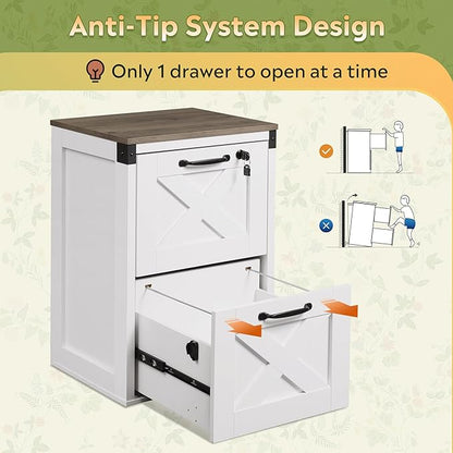 DEVAISE 2 Drawer File Cabinet with Lock, Wood Farmhouse Filing Cabinet for Home Office, Printer Stand Fits Letter and A4 Size, White