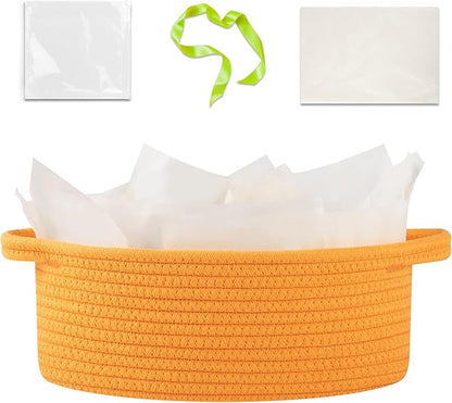 OIAHOMY Gift Basket with Handle, Small Woven Basket with Gift Bag, Ribbon and Wrap Tissue Paper, Nursery Bins Empty to Fill with Small Items, Baby, Pet Toy Organizer - Orange