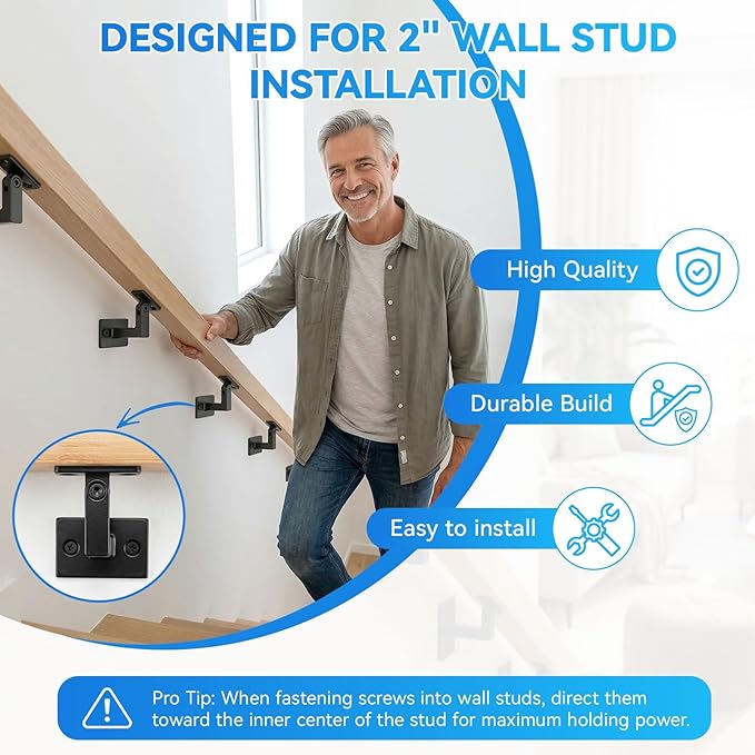 4 Pack Handrail Brackets, Laysmkit Adjustable Handrail Bracket for Staircase, Black Hand Rail Bracket, Wall Mounted Stair Railing Brackets with Installation Hardware for Stairs, Bedroom, Corridors