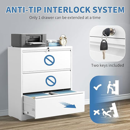 File Cabinets 3 Drawer,Metal Office Storage Filing Cabinet with Lock,White Lateral Filing Cabinet for Home Office,Horizontal Locking File Cabinets for Legal/Letter/A4 Files,Assembly Require