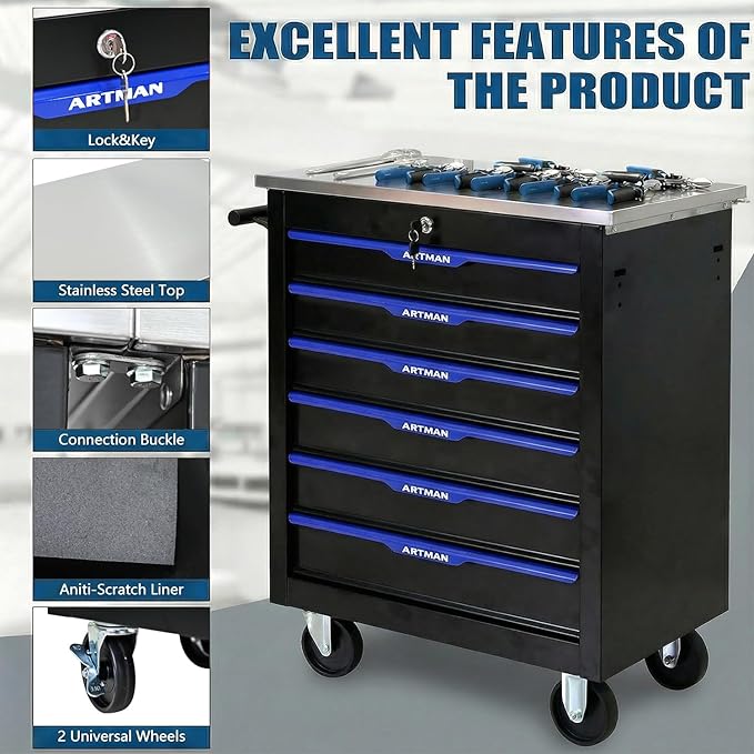 6-Drawer Rolling Tool Chest with Stainless Steel Countertop,Tool Chest with Secure Locking System,Mobile Storage Tool Cabinet with 360°Wheels and Padded Feet,for Home,Garage (Black+Blue)