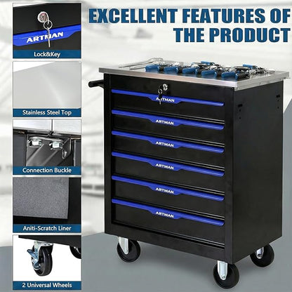 6-Drawer Rolling Tool Chest with Stainless Steel Countertop,Tool Chest with Secure Locking System,Mobile Storage Tool Cabinet with 360°Wheels and Padded Feet,for Home,Garage (Black+Blue)