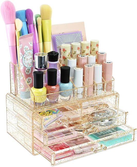 Ikee Design Acrylic Makeup Organizer with 4 Drawers Removable Top Lipstick Holders, Cosmetics Organizer for Skincare, Accessories, Lip Gloss for Vanity or Bathroom Countertop, Gold Glitter