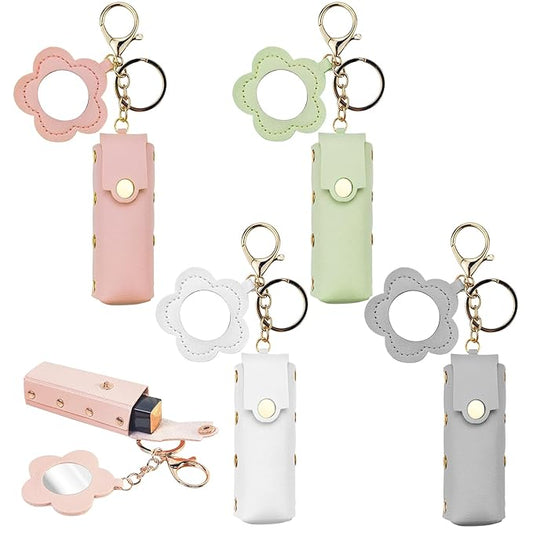 4 PACK PU Leather Potable Chapstick Holder Key Chain Bulk with Mirror, Lipstick Keychain, Lip Balm Organizer Holder Lipstick Travel Makeup Storage Case for Women Girls (Style 3)