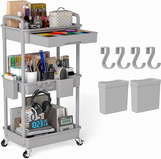 3 Tier Rolling Utility Cart with Drawer, Plastic Storage Organizer Rolling Carts with Wheels Handles Hanging Cups Hooks for Office, Bathroom, Kitchen,Craft Art Room (Grey)