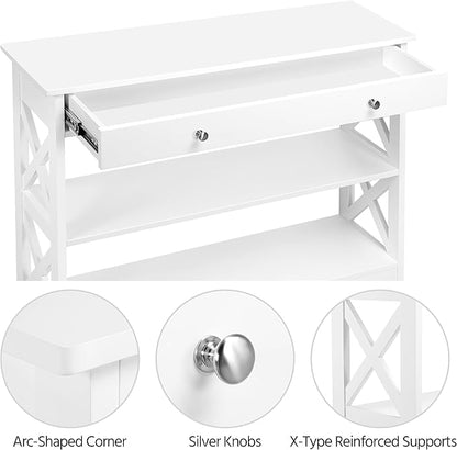 Yaheetech Console Table with Drawer, 3-Tier Entryway Table with Storage Shelves, Wood Narrow Sofa Table for Entryway/Hallway/Living Room, White