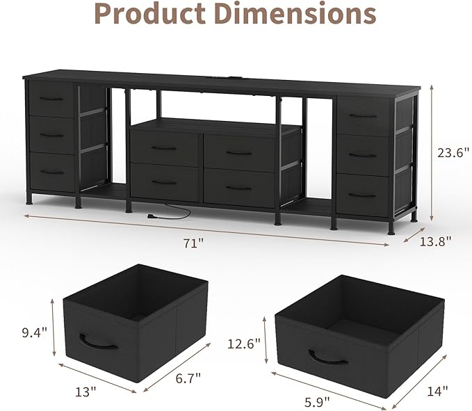 Garvee 10 Drawer Dresser, TV Stand with Fabric Drawers and Power Outlets for 75 70 65 Inch TV, TV Console Table, Entertainment Center with Open Storage Shelves for Living Room, Bedroom, Office, Black