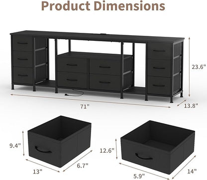 Garvee 10 Drawer Dresser, TV Stand with Fabric Drawers and Power Outlets for 75 70 65 Inch TV, TV Console Table, Entertainment Center with Open Storage Shelves for Living Room, Bedroom, Office, Black