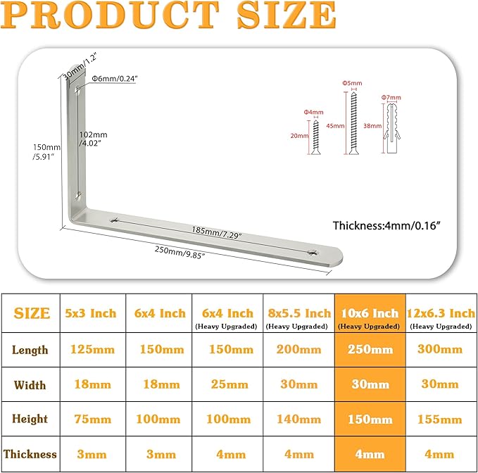 Alise Floating Shelf Brackets,L Brackets for Shelves Heavy Duty Wall Bracket Corner Brace Stainless Steel Joint Angle Bracket for Wooden Board Support,Brushed,10x6x1.2 Inch(Upgraded,Pack of 4)