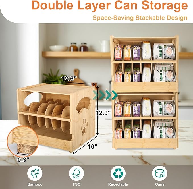 Upgraded Bamboo Cat Food Can Organizer - FIFO Pantry Storage Rack, Holds 42 (3oz) Cans, Stackable Pet Food Can Organizer for Kitchen Pantry (1)