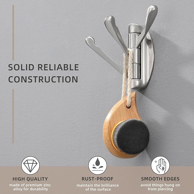 Angle Simple Foldable Swivel Towel Hook 2 PCS, Metal Flexible Coat Hook, Bath Towel Holder, Heavy Duty Robe Clothes Hanger for Bathroom RV Wall Mount, Brushed Nickel