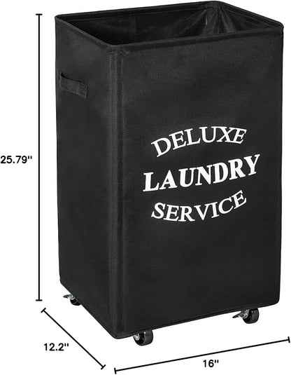 WOWLIVE Large Rolling Laundry Basket Wheels 90L Collapsible Tall Laundry Hamper Handle Foldable Dirty Clothing Basket Fold up Rectangular Hampers for Laundry Dorm Room (Black)